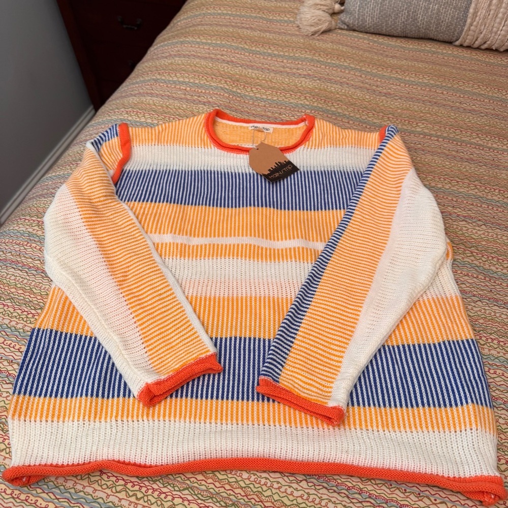 NWT Main Strip Relaxed-fit crew neck vibrant stripe orange, blue, white Sz Large
